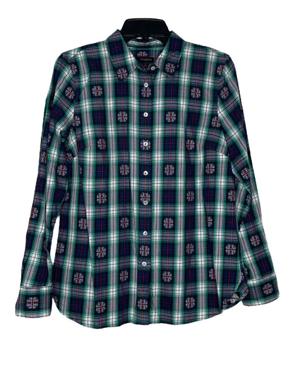Talbots Womens Plaid Shirt Size Small Jacquard Snowflake Cotton Long Sleeves